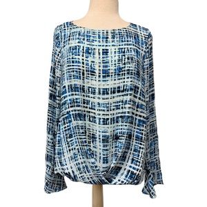 Vince Camuto blue pattern front faux wrap blouse